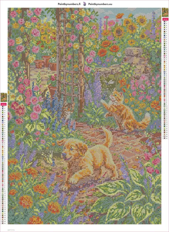 Playful Puppy and Kittens in Garden timanttimaalauksen liimapintainen canvas 50x70cm