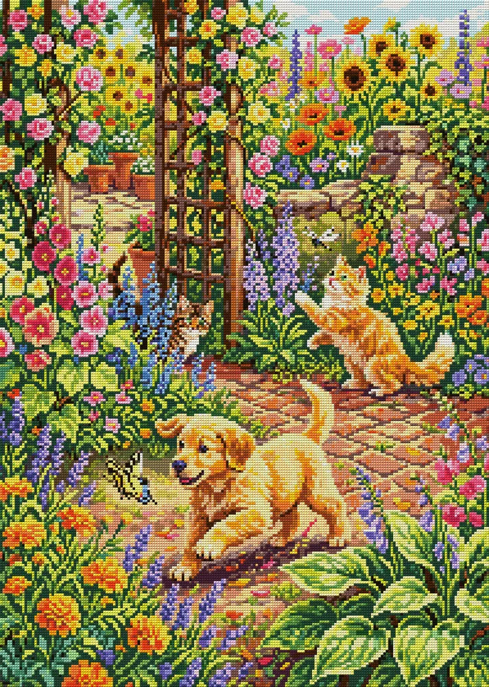 Playful Puppy and Kittens in Garden, 50x70 cm timanttimaalaus – koko kuvion esikatselu ilman lähikuvaa