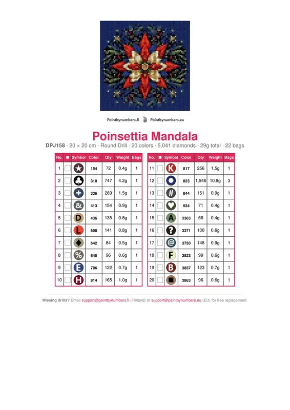 Poinsettia Mandala timanttimaalauksen värikartta – 20 DMC-väriä