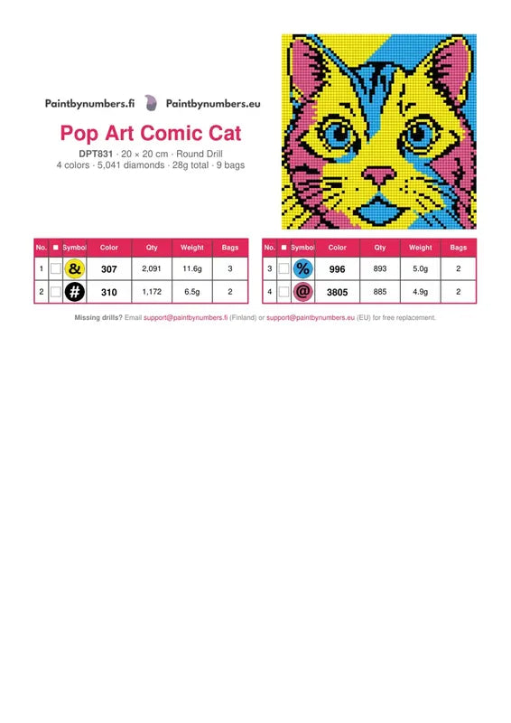 Pop Art Comic Cat timanttimaalauksen värikartta – 4 DMC-väriä
