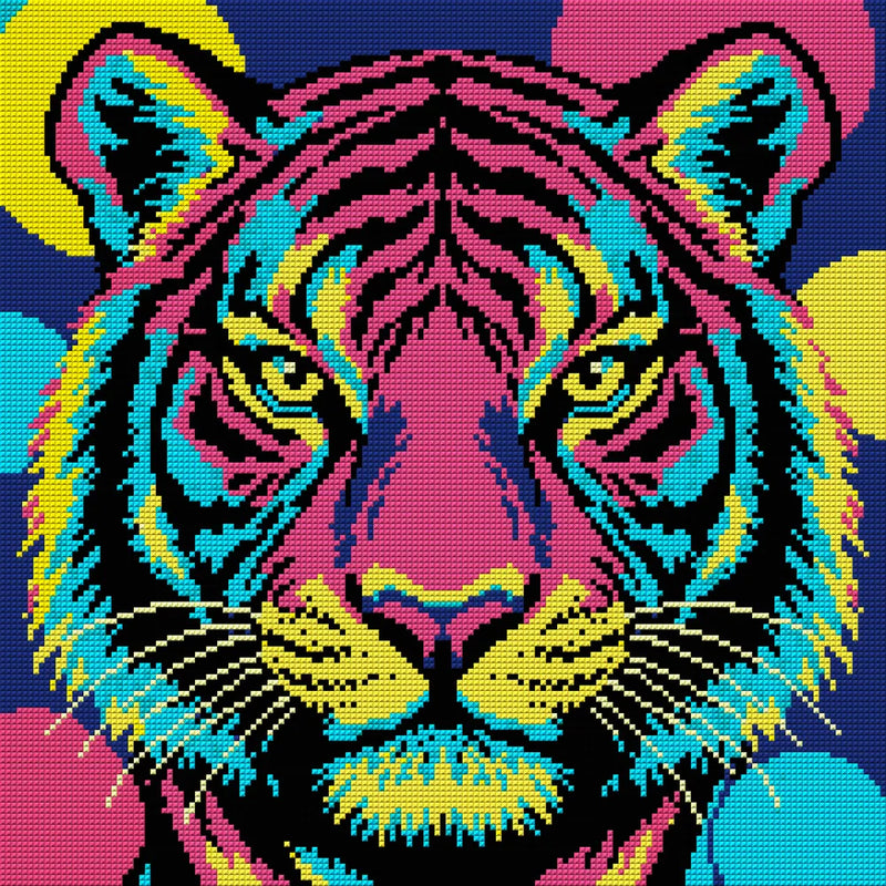 Pop art -tyylinen tiikerin kasvokuva magentan ja turkoosin sävyissä, 40x40 cm timanttimaalaus – koko kuvion esikatselu