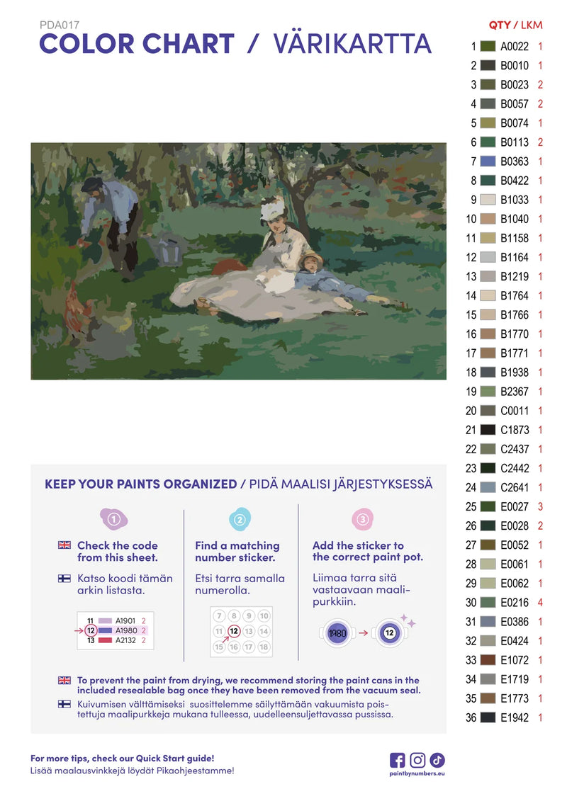 Paint by numbers color chart - The Monet Family in Their Garden at Argenteuil - väriluettelo ja ohjeet