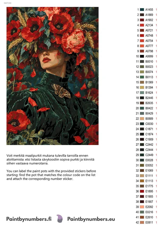 Numeromaalaus: Värikartta ja ohjeet - Poppy Crown 40x60cm