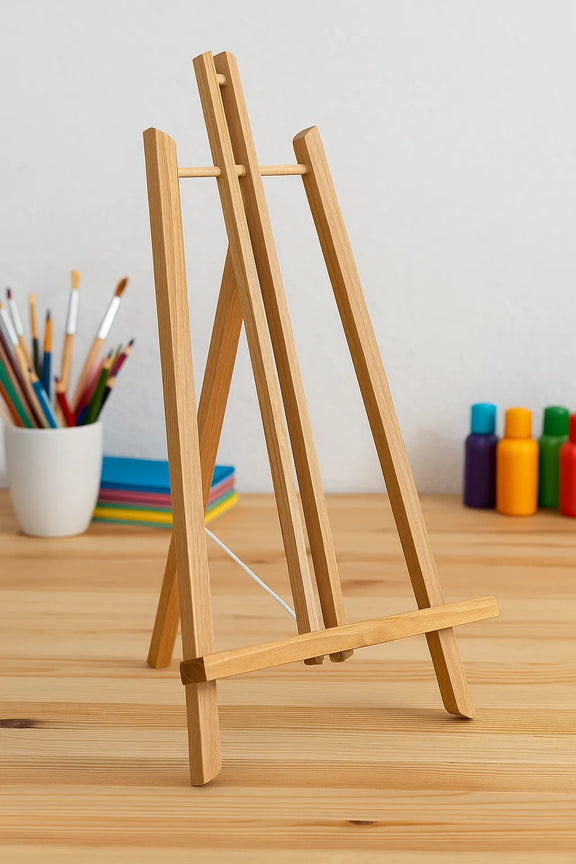 Kevyt puinen maalausteline askartelupöydällä. Teline on noin 50 cm korkea ja 27 cm leveä, täydellinen pöytäkäyttöön maalauksiin ja numeromaalauksiin. Taustalla näkyy siveltimiä ja värikkäitä maalaustarvikkeita.