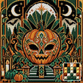 Thumbnail for Pumpkin Art Deco Masquerade, 40x40 cm timanttimaalaus – lopullisen kuvion esikatselu ja lähikuva neliönmuotoisista timanteista