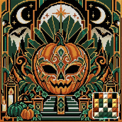Pumpkin Art Deco Masquerade, 40x40 cm timanttimaalaus – lopullisen kuvion esikatselu ja lähikuva neliönmuotoisista timanteista