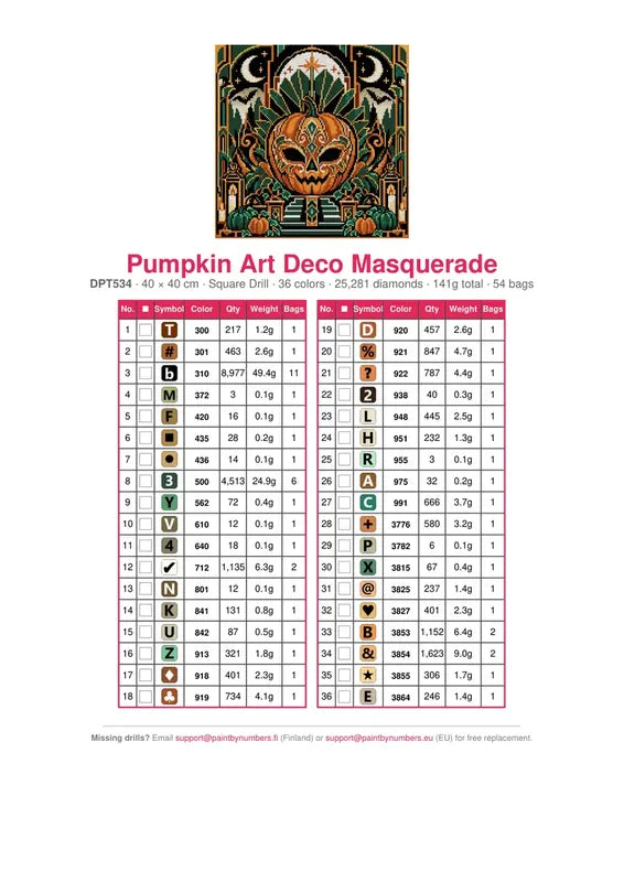 Pumpkin Art Deco Masquerade timanttimaalauksen värikartta – 36 DMC-väriä