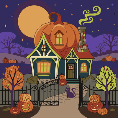 Kurpitsatalo ja musta kissa numeromaalaus Halloween-aiheella.