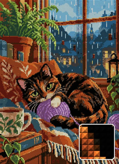 Purl beside the Rainy Window, 40x55 cm timanttimaalaus – lopullisen kuvion esikatselu ja lähikuva neliönmuotoisista timanteista