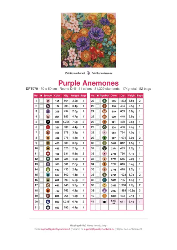 Purple Anemones timanttimaalauksen värikartta – 41 DMC-väriä
