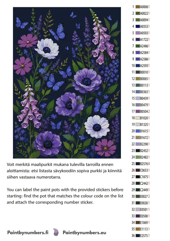 Värikartta ja ohjeet - Purple Flowers and Blue Butterflies 50x70cm