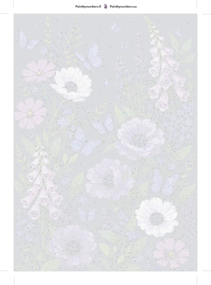 Numeroitu kangas - Purple Flowers and Blue Butterflies 50x70cm
