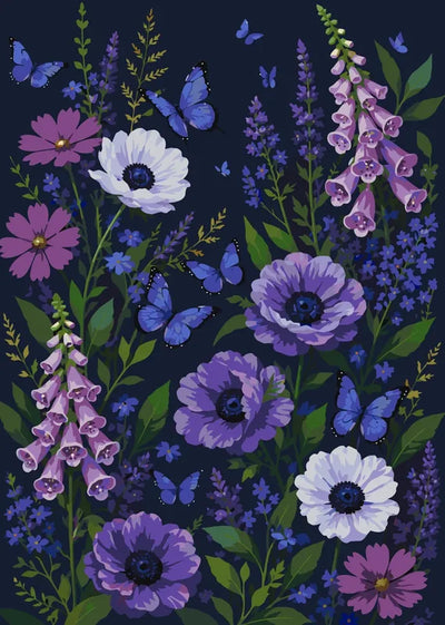 Violetit kukat ja siniset perhoset numeromaalaus. Kukka-aihe tummalla taustalla.