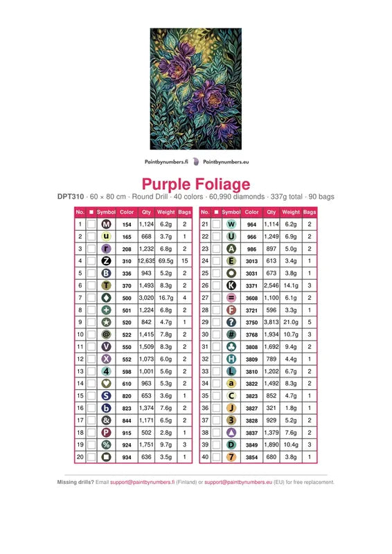 Purple Foliage timanttimaalauksen värikartta – 40 DMC-väriä
