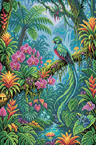 Quetzal Bird in Enchanted Jungle, 40x60 cm timanttimaalaus – lopullisen kuvion esikatselu