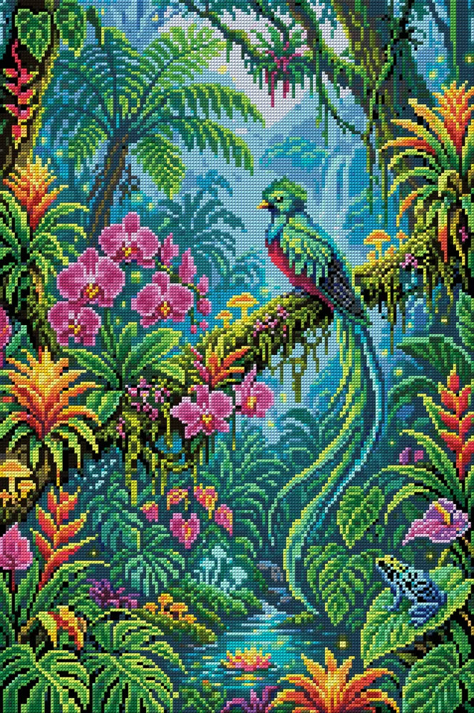 Quetzal Bird in Enchanted Jungle, 40x60 cm timanttimaalaus – koko kuvion esikatselu ilman lähikuvaa
