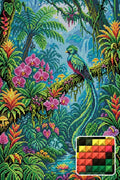 Thumbnail for Quetzal Bird in Enchanted Jungle, 40x60 cm timanttimaalaus – lopullisen kuvion esikatselu ja lähikuva neliönmuotoisista timanteista