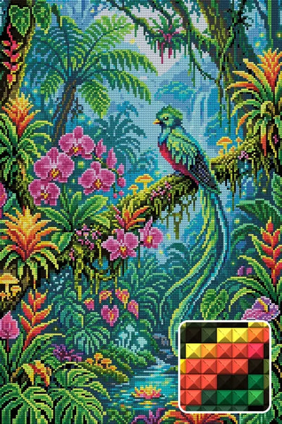 Quetzal Bird in Enchanted Jungle, 40x60 cm timanttimaalaus – lopullisen kuvion esikatselu ja lähikuva neliönmuotoisista timanteista