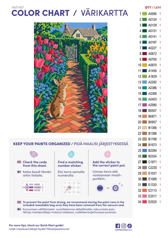 Numeromaalaus: Värikartta ja ohjeet - Rabbit among the Tulips 40x60cm