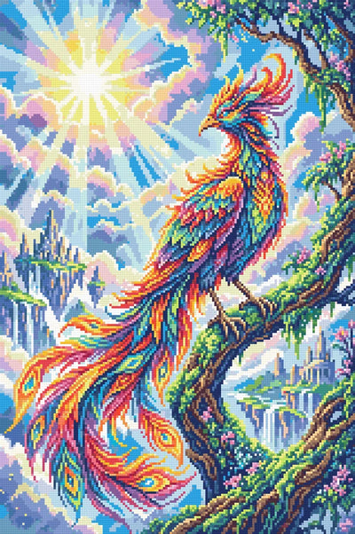 Radiant Phoenix in Fantasy Landscape, 40x60 cm timanttimaalaus – lopullisen kuvion esikatselu