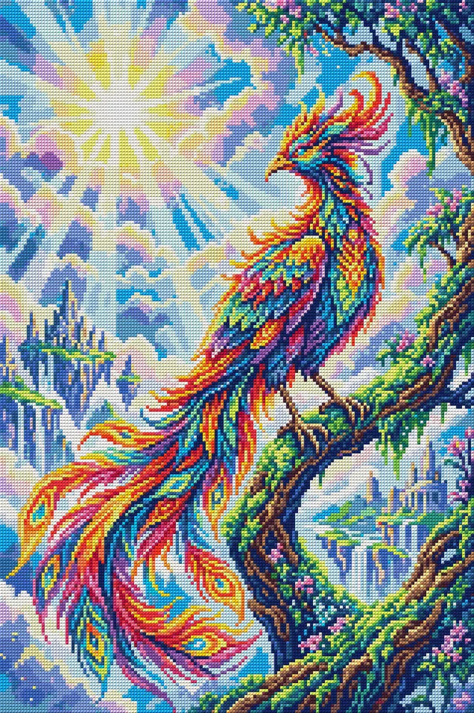 Radiant Phoenix in Fantasy Landscape, 40x60 cm timanttimaalaus – koko kuvion esikatselu ilman lähikuvaa