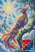 Thumbnail for Radiant Phoenix in Fantasy Landscape, 40x60 cm timanttimaalaus – lopullisen kuvion esikatselu ja lähikuva neliönmuotoisista timanteista