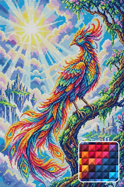 Radiant Phoenix in Fantasy Landscape, 40x60 cm timanttimaalaus – lopullisen kuvion esikatselu ja lähikuva neliönmuotoisista timanteista