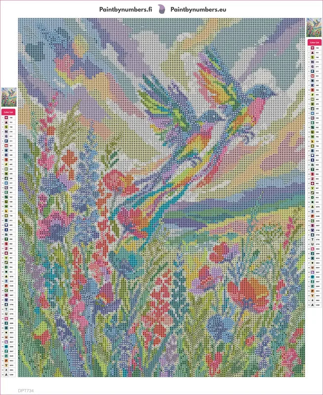 Rainbow Birds Over Wildflowers timanttimaalauksen liimapintainen canvas 40x50cm