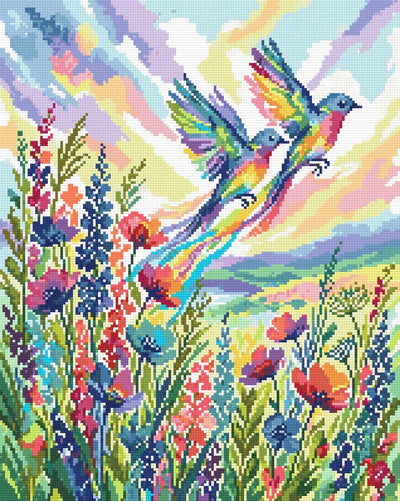 Rainbow Birds Over Wildflowers, 40x50 cm timanttimaalaus – lopullisen kuvion esikatselu
