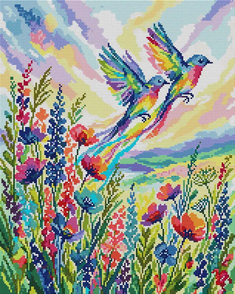 Rainbow Birds Over Wildflowers, 40x50 cm timanttimaalaus – koko kuvion esikatselu ilman lähikuvaa