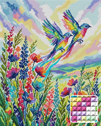 Rainbow Birds Over Wildflowers, 40x50 cm timanttimaalaus – lopullisen kuvion esikatselu ja lähikuva neliönmuotoisista timanteista