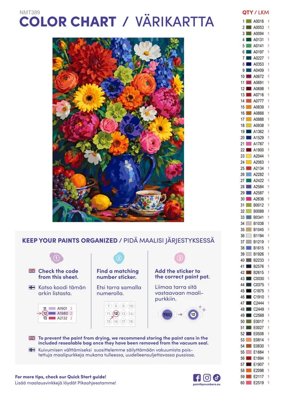 Numeromaalaus: Värikartta ja ohjeet - Rainbow Bouquet 50x70cm