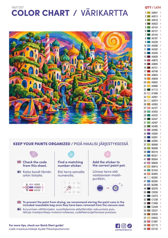 Numeromaalaus: Värikartta ja ohjeet - Rainbow Hill Town 80x60cm
