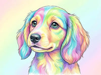 Thumbnail for Timanttimaalaus pastellinvärisestä koiranpennusta kirkkaissa sateenkaaren väreissä.