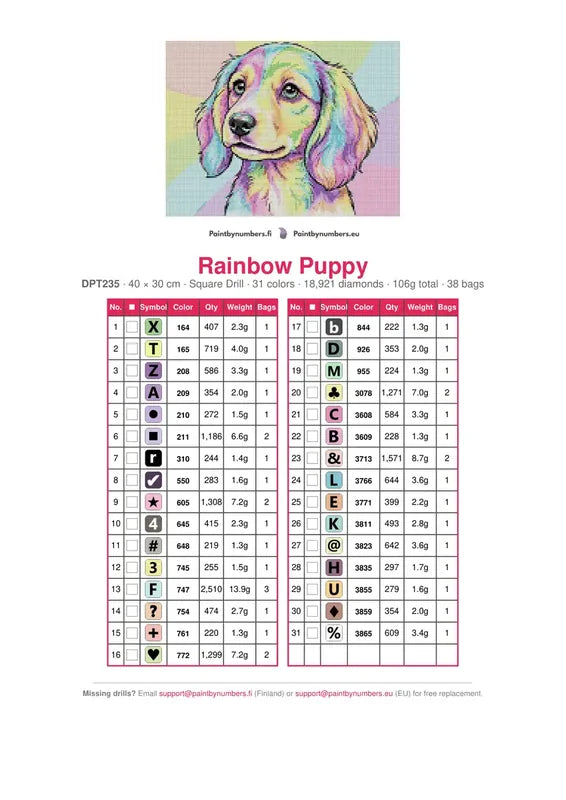 Rainbow Puppy timanttimaalauksen värikartta – 31 DMC-väriä