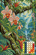Thumbnail for Rainforest Orchid Canopy, 40x60 cm timanttimaalaus – lopullisen kuvion esikatselu ja lähikuva pyöreistä timanteista