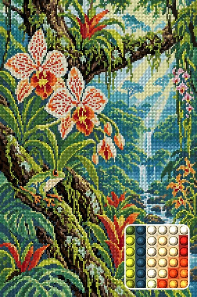 Rainforest Orchid Canopy, 40x60 cm timanttimaalaus – lopullisen kuvion esikatselu ja lähikuva pyöreistä timanteista