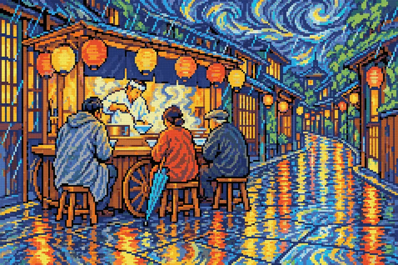 Ramen Cart in the Kyoto Rain, 60x40 cm timanttimaalaus – lopullisen kuvion esikatselu