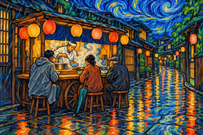 Ramen Cart in the Kyoto Rain, 60x40 cm timanttimaalaus – alkuperäinen kuva, josta kuvio on tehty