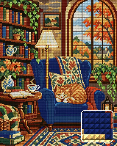 Reading Nook, 40x50 cm timanttimaalaus – lopullisen kuvion esikatselu ja lähikuva neliönmuotoisista timanteista