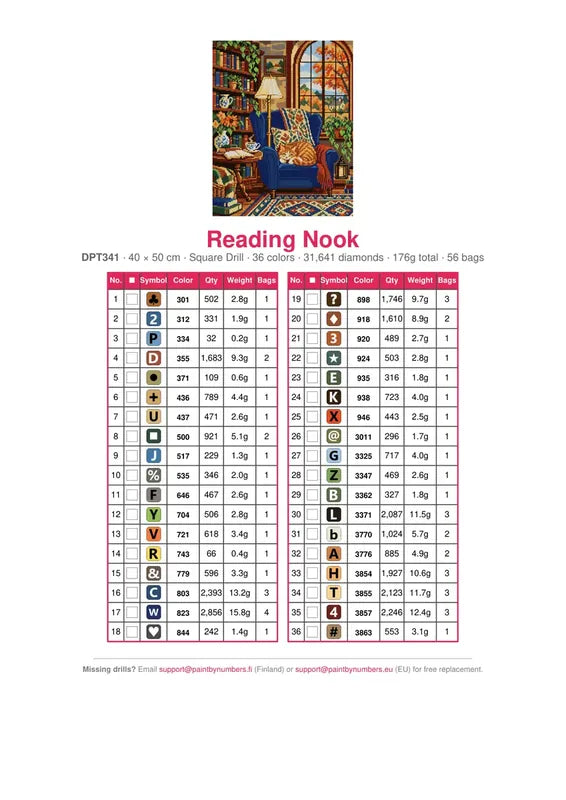 Reading Nook timanttimaalauksen värikartta – 36 DMC-väriä