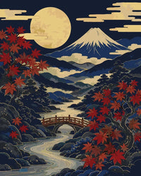 Thumbnail for Japanilainen vuorimaisema, punaiset vaahteranlehdet ja kaarisilta numeromaalaus.