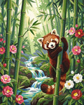 Thumbnail for Punainen panda bambumetsässä numeromaalaus. Taustalla puro ja kukkia.