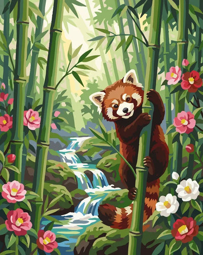 Punainen panda bambumetsässä numeromaalaus. Taustalla puro ja kukkia.