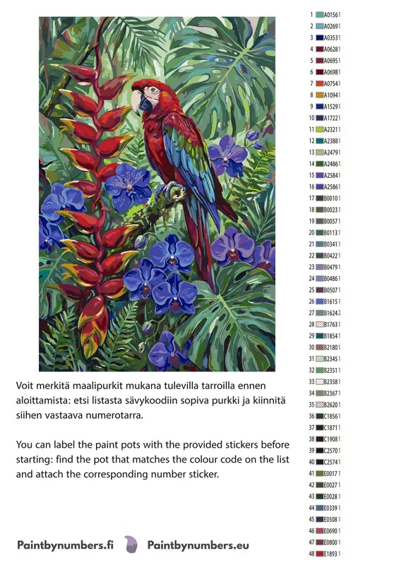 Värikartta ja ohjeet - Red Parrot and Blue Flowers 40x60cm