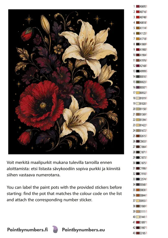 Värikartta ja ohjeet - Red Poppies and White Lilies 40x50cm