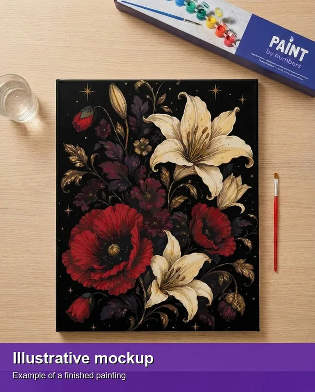 Valmiin numeromaalauksen havainnekuva - Red Poppies and White Lilies 40x50cm