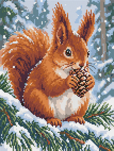Punaorava lumisella männynoksalla, 30x40 cm timanttimaalaus – lopullisen kuvion esikatselu