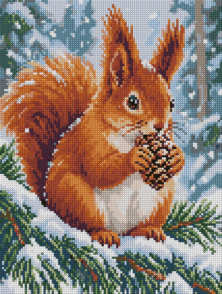 Punaorava lumisella männynoksalla, 30x40 cm timanttimaalaus – koko kuvion esikatselu