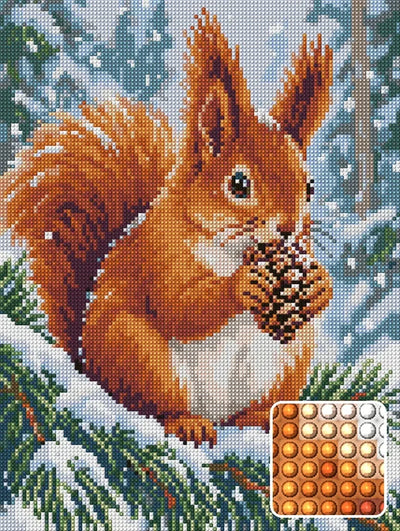Punaorava lumisella männynoksalla, 30x40 cm timanttimaalaus – kuvio ja pyöreiden timanttien lähikuva